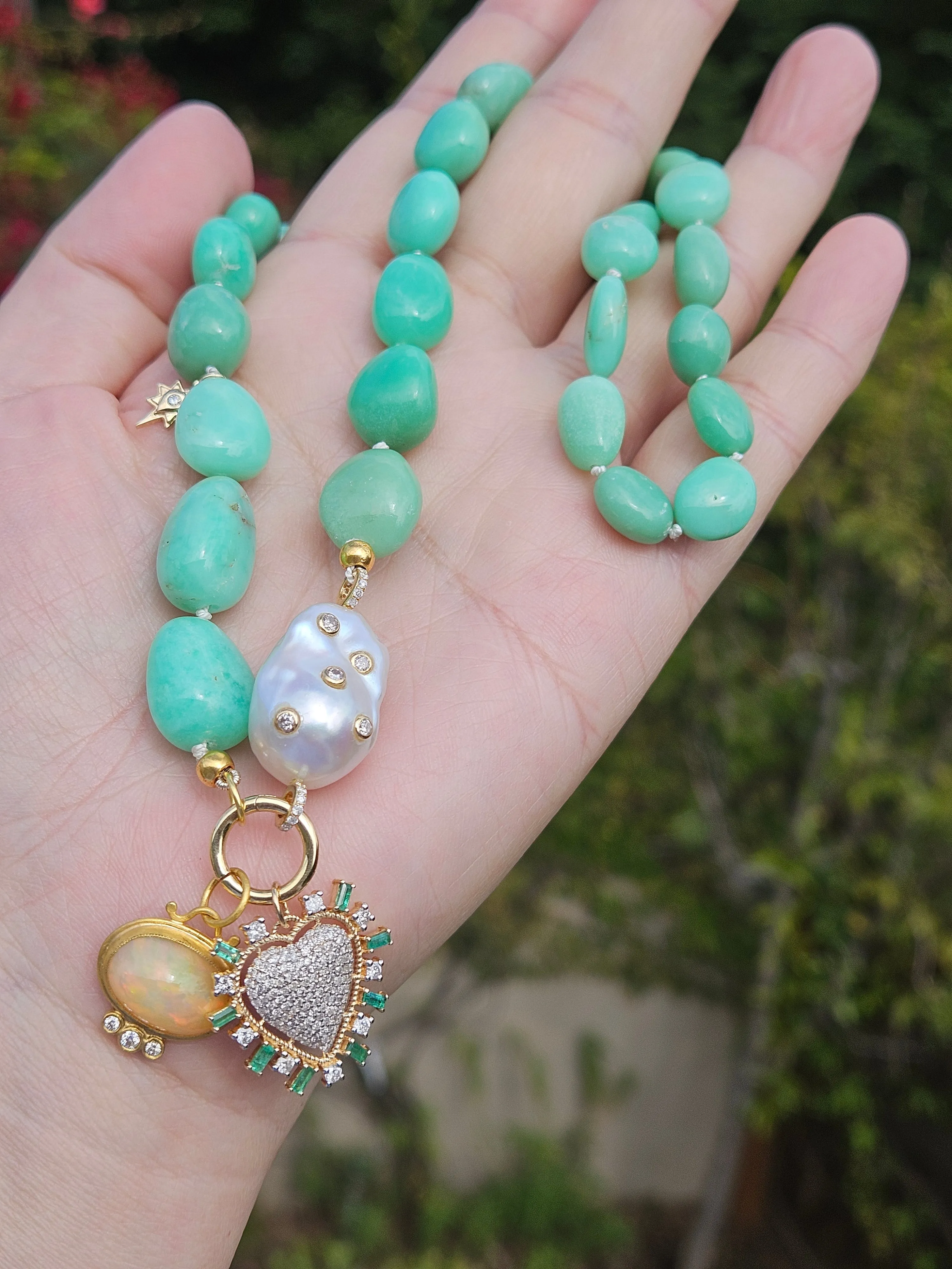 14k & 18k Solid Gold  - Chrysoprase & Freshwater Baroque Pearl Diamond Star Gemstone Necklace 19"