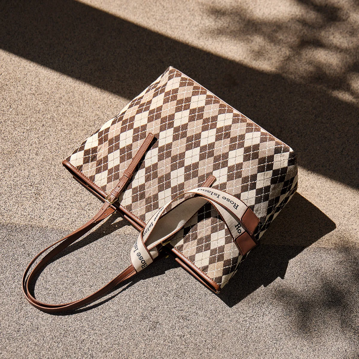 Brown Geometric Colorblock Tote Bag
