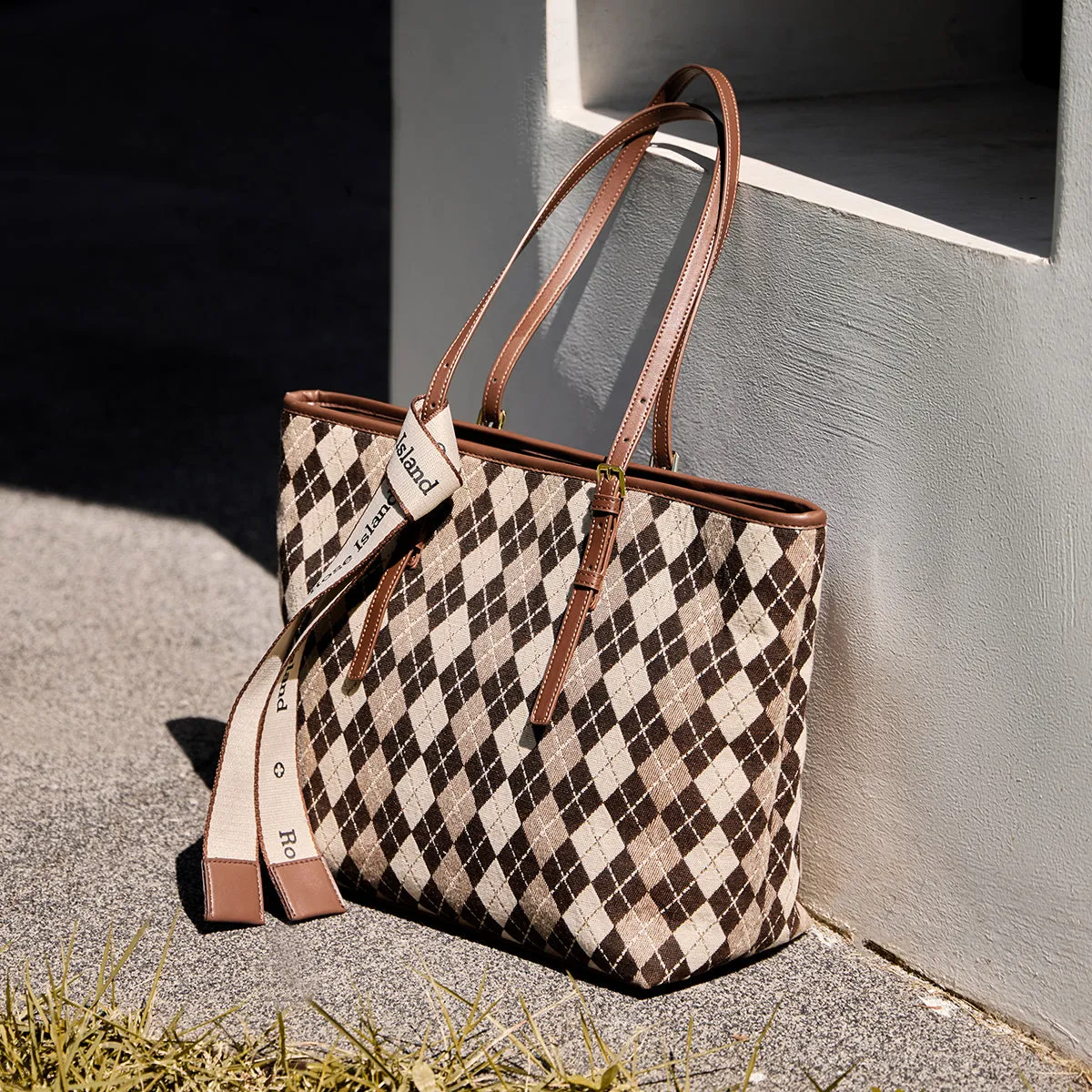 Brown Geometric Colorblock Tote Bag