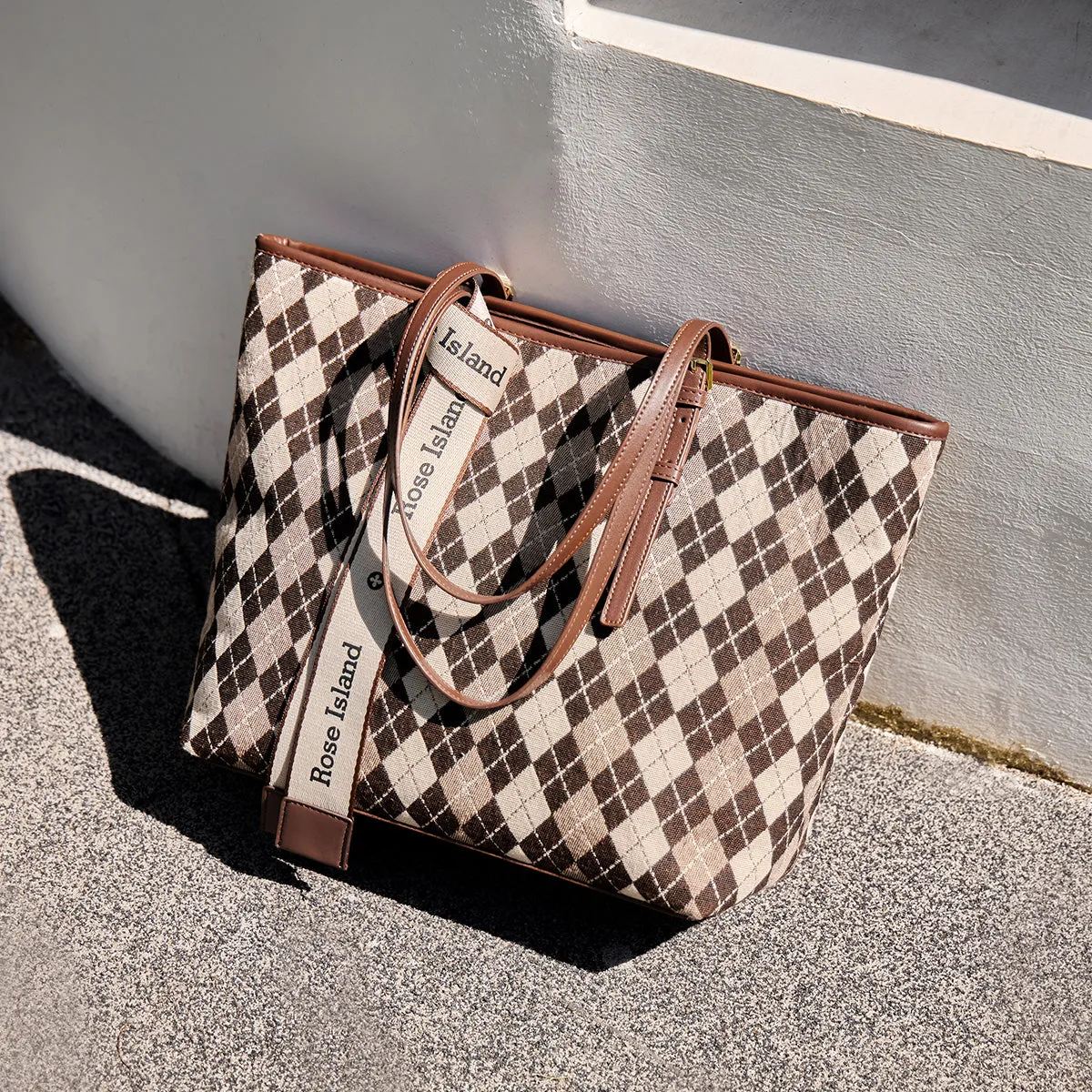 Brown Geometric Colorblock Tote Bag