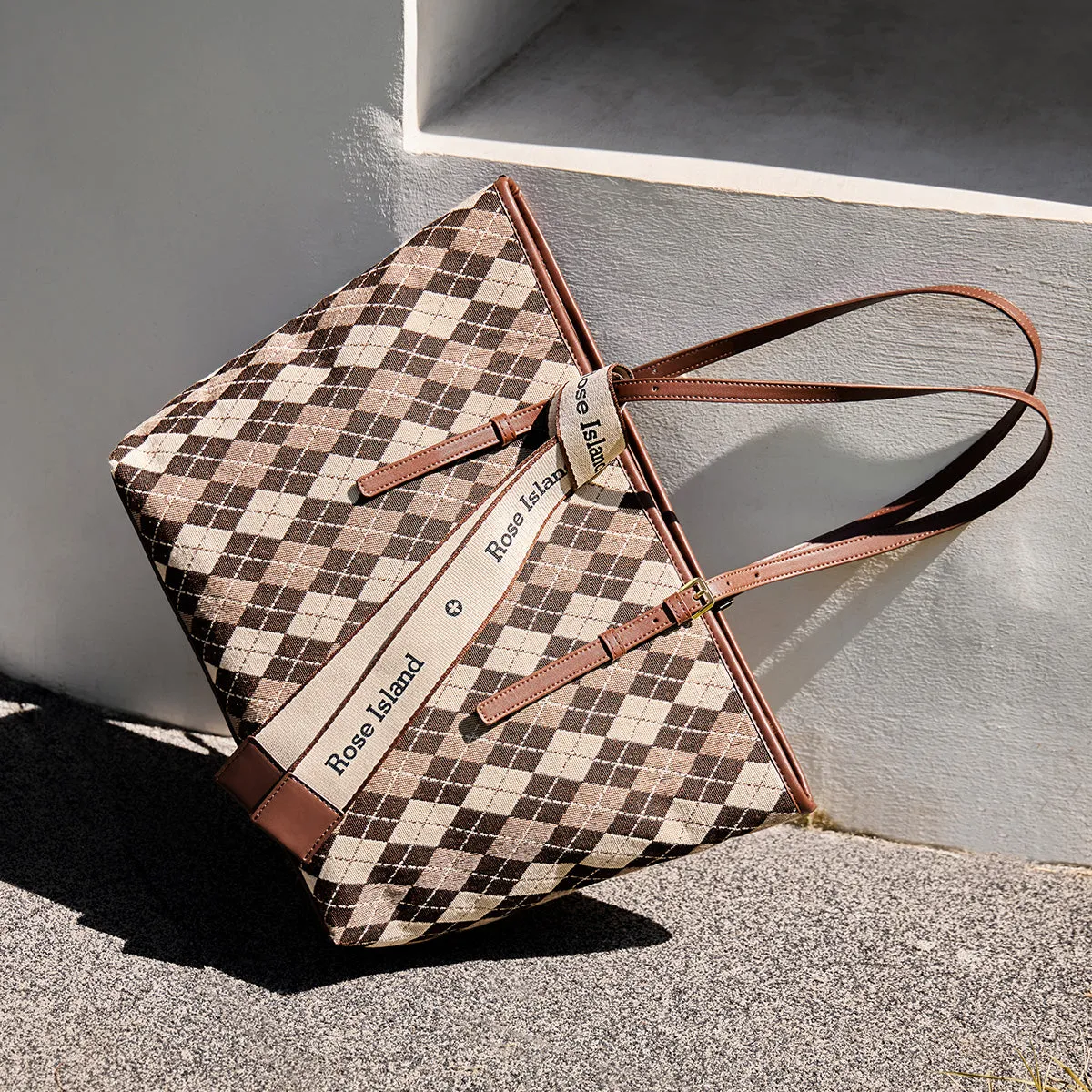 Brown Geometric Colorblock Tote Bag