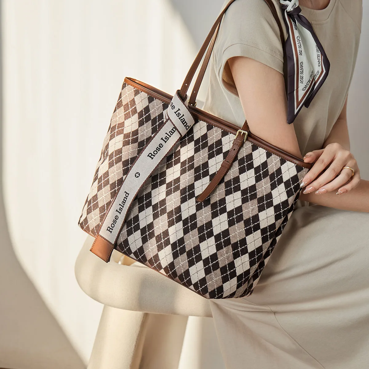 Brown Geometric Colorblock Tote Bag