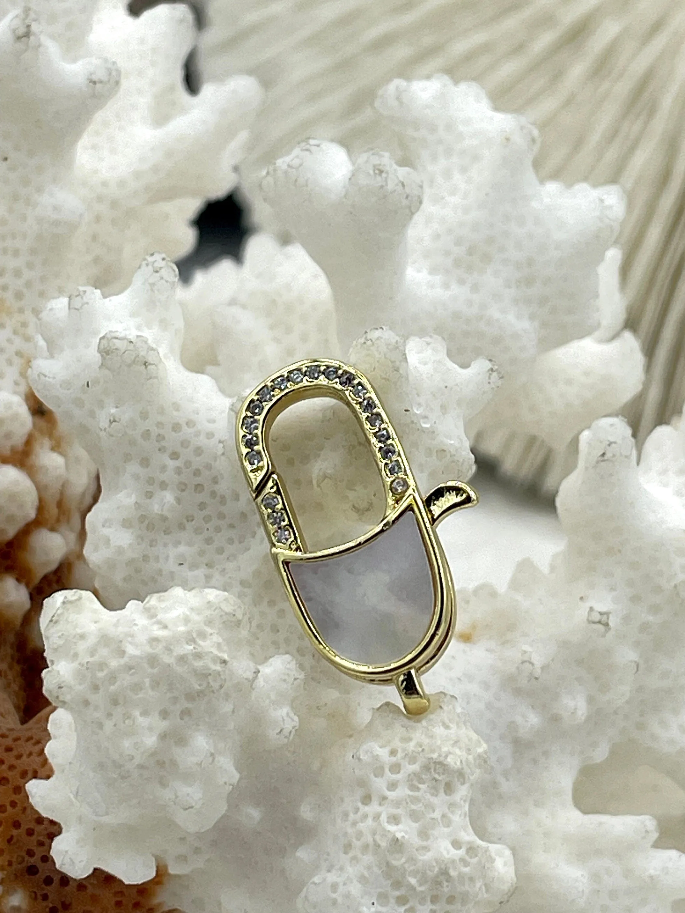 Clear Micro Pave CZ Lobster Claw Clasps Shiny Gold with Clear Cubic Zirconia and Mother of Pearl. 3 styles/sizes, gold clasps, Fast Shipping