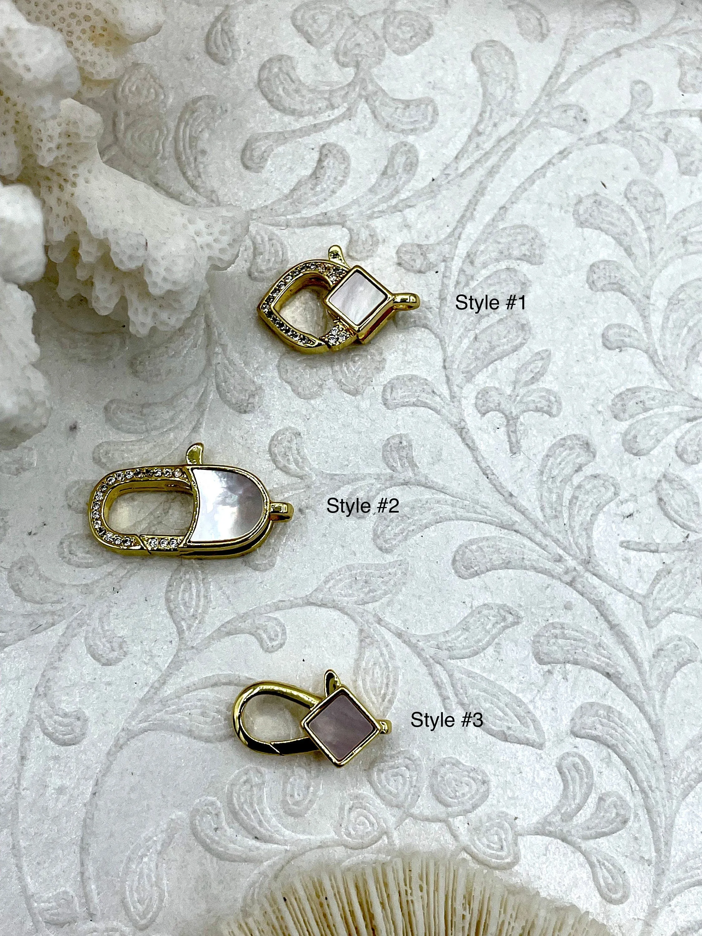 Clear Micro Pave CZ Lobster Claw Clasps Shiny Gold with Clear Cubic Zirconia and Mother of Pearl. 3 styles/sizes, gold clasps, Fast Shipping