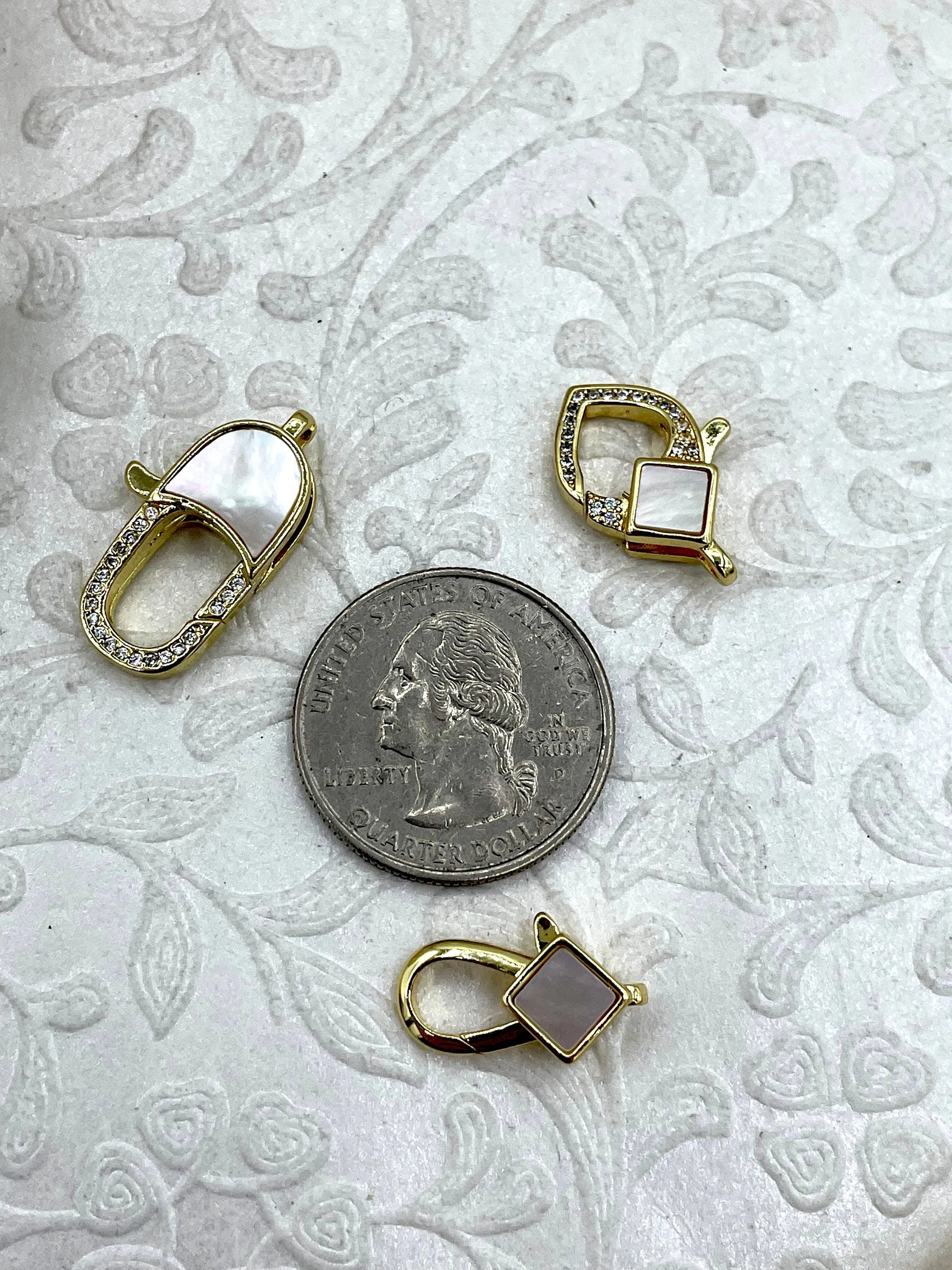 Clear Micro Pave CZ Lobster Claw Clasps Shiny Gold with Clear Cubic Zirconia and Mother of Pearl. 3 styles/sizes, gold clasps, Fast Shipping