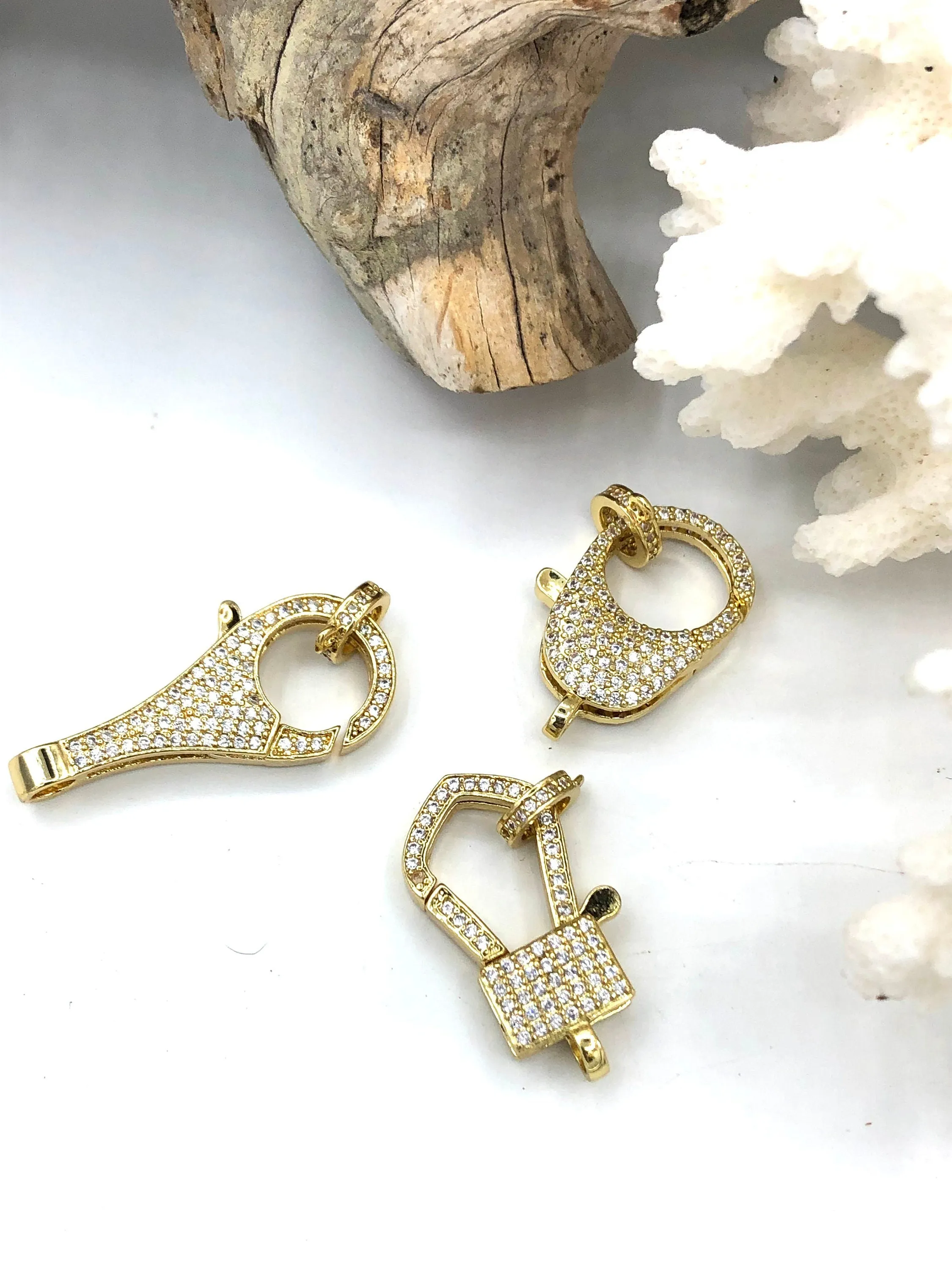 Clear Micro Pave CZ Lobster Claw Clasps Shiny Gold with Clear CZ.  LG Parrot Claw Clasp 3 styles/ Sizes 32mm x 15mm x 5mm , Fast Shipping