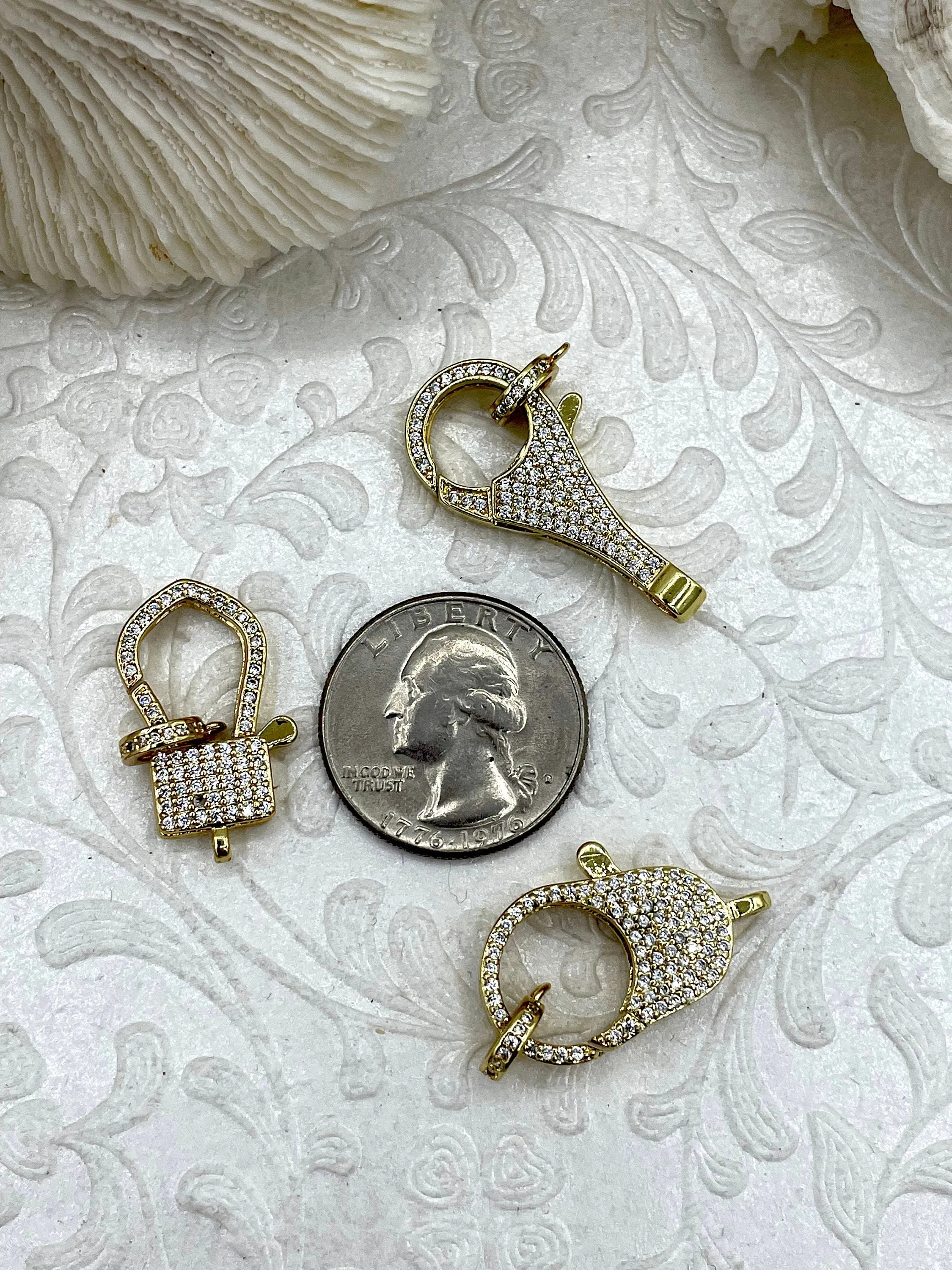 Clear Micro Pave CZ Lobster Claw Clasps Shiny Gold with Clear CZ.  LG Parrot Claw Clasp 3 styles/ Sizes 32mm x 15mm x 5mm , Fast Shipping