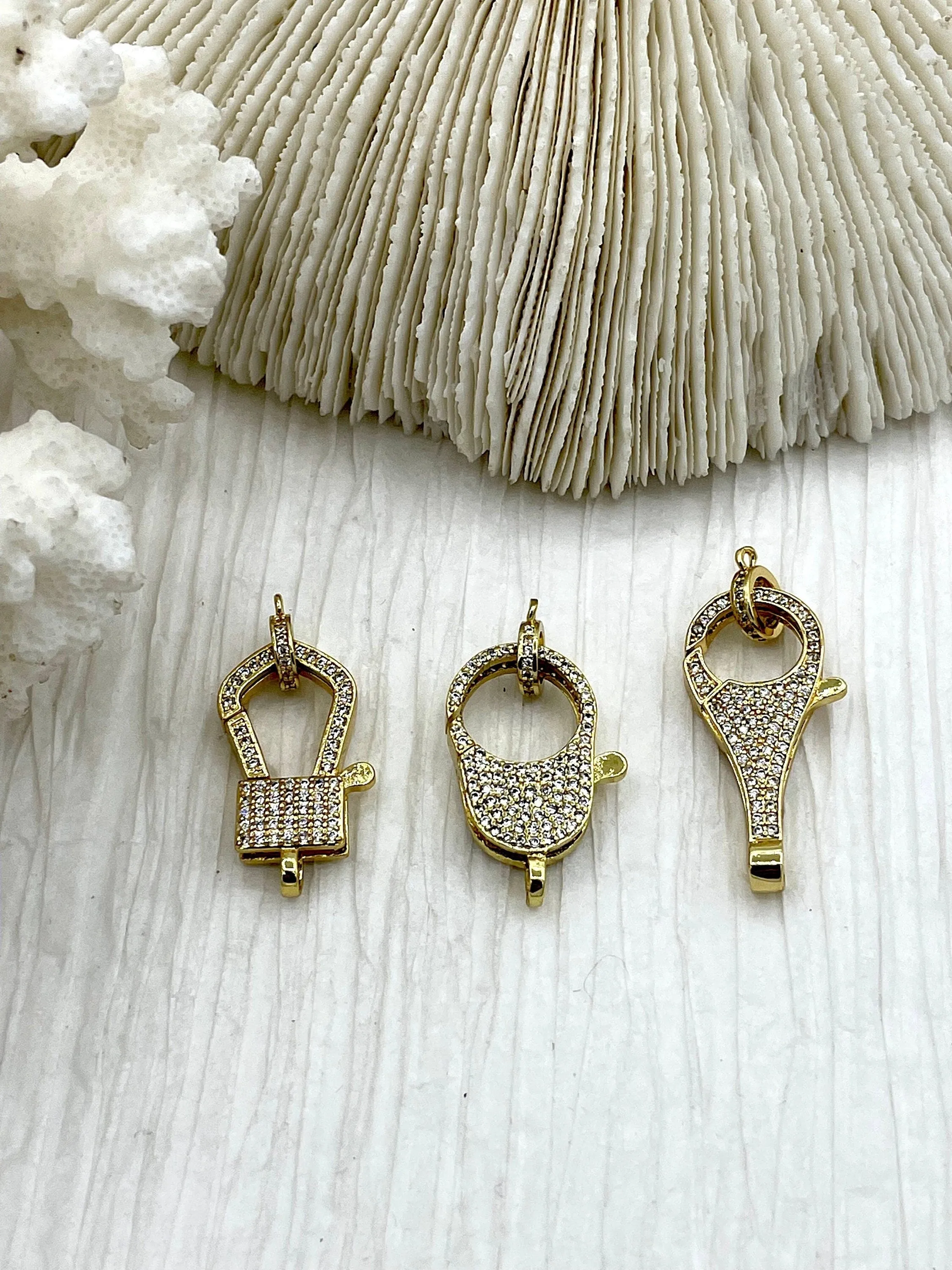 Clear Micro Pave CZ Lobster Claw Clasps Shiny Gold with Clear CZ.  LG Parrot Claw Clasp 3 styles/ Sizes 32mm x 15mm x 5mm , Fast Shipping