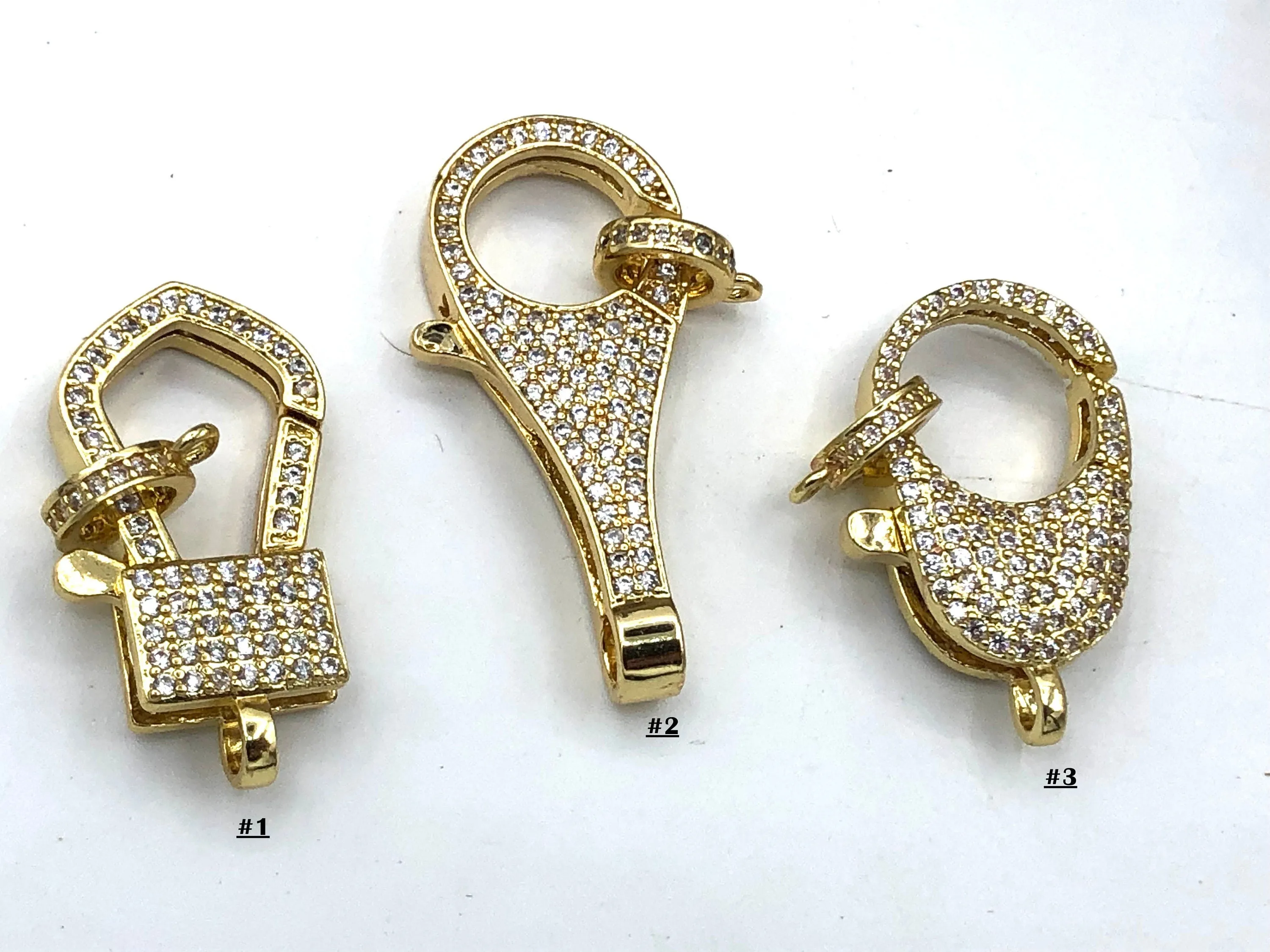 Clear Micro Pave CZ Lobster Claw Clasps Shiny Gold with Clear CZ.  LG Parrot Claw Clasp 3 styles/ Sizes 32mm x 15mm x 5mm , Fast Shipping