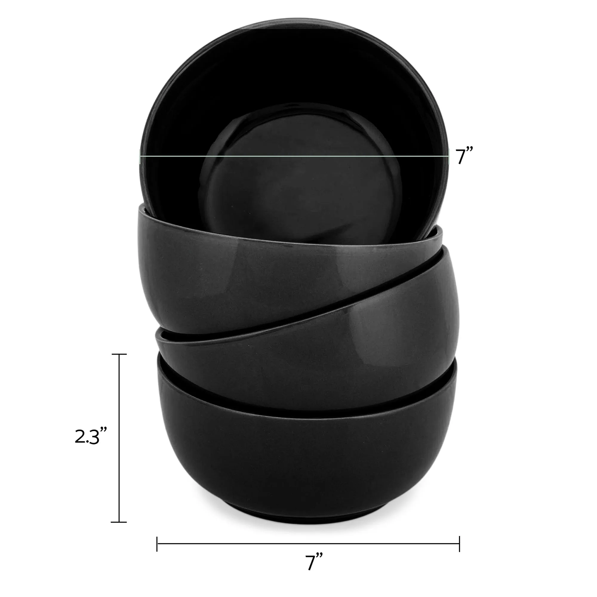 Elanze Designs Bistro Glossy Ceramic 7 inch Cereal Salad Bowls Set of 4, Black