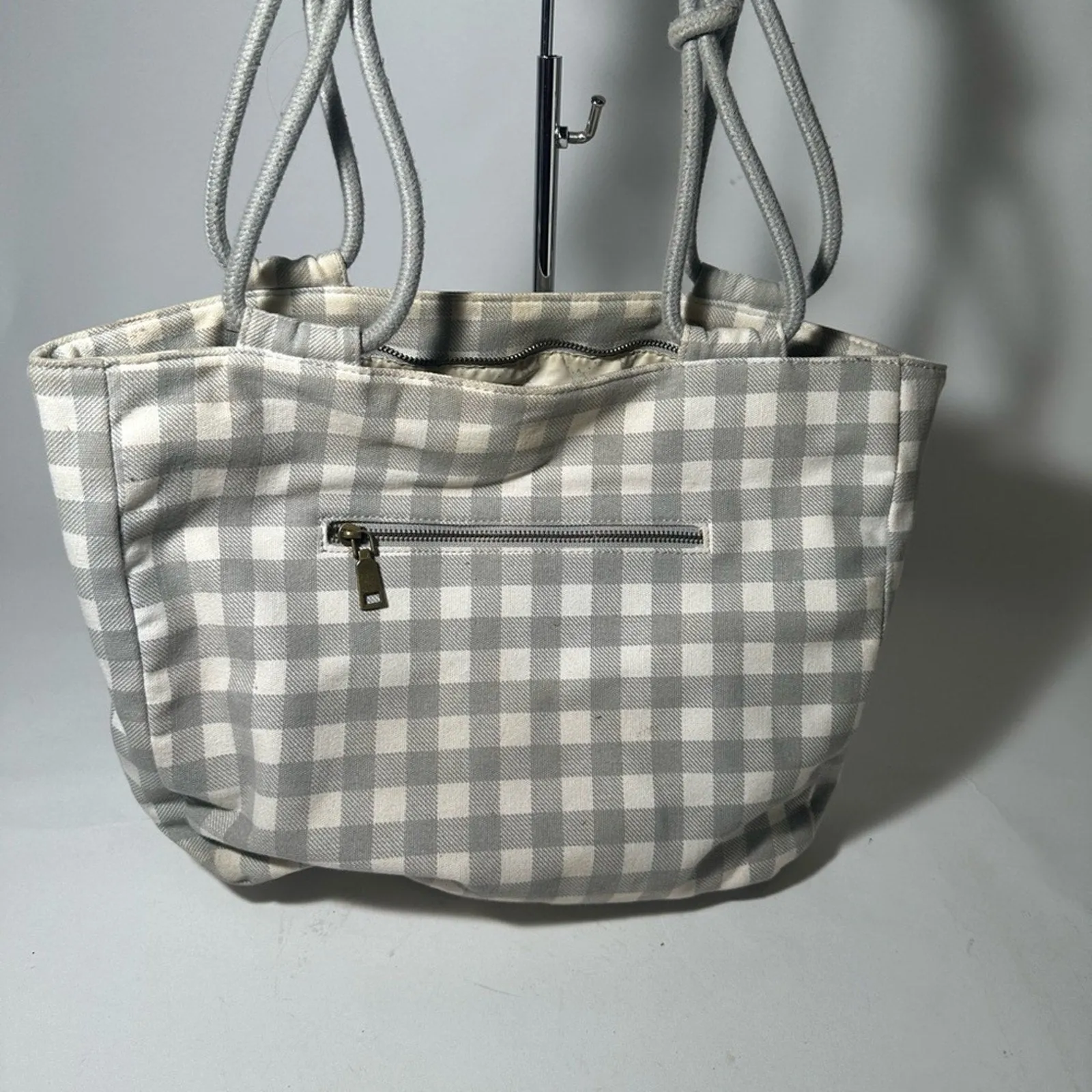 Gray Checkered Tote with Structured Design