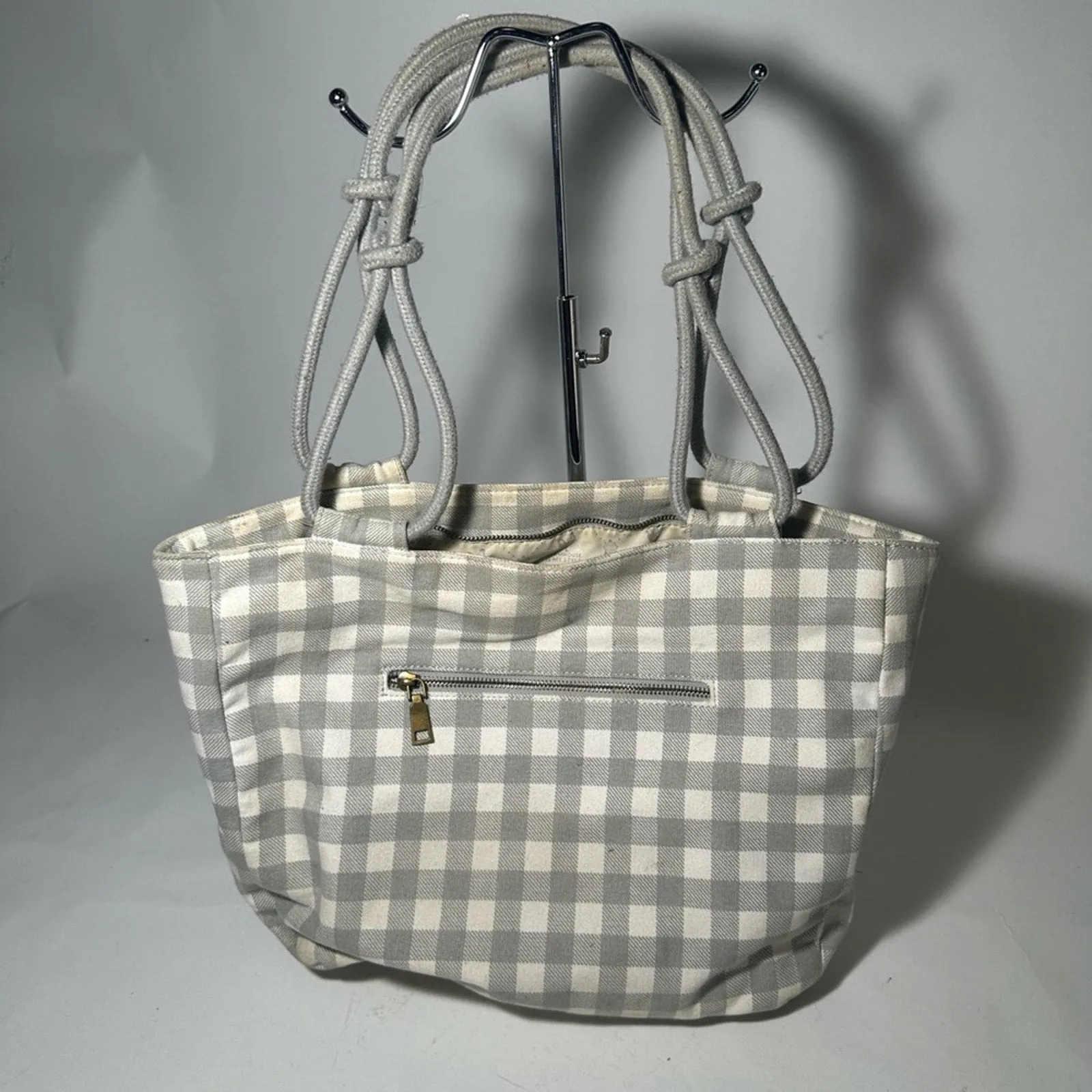 Gray Checkered Tote with Structured Design