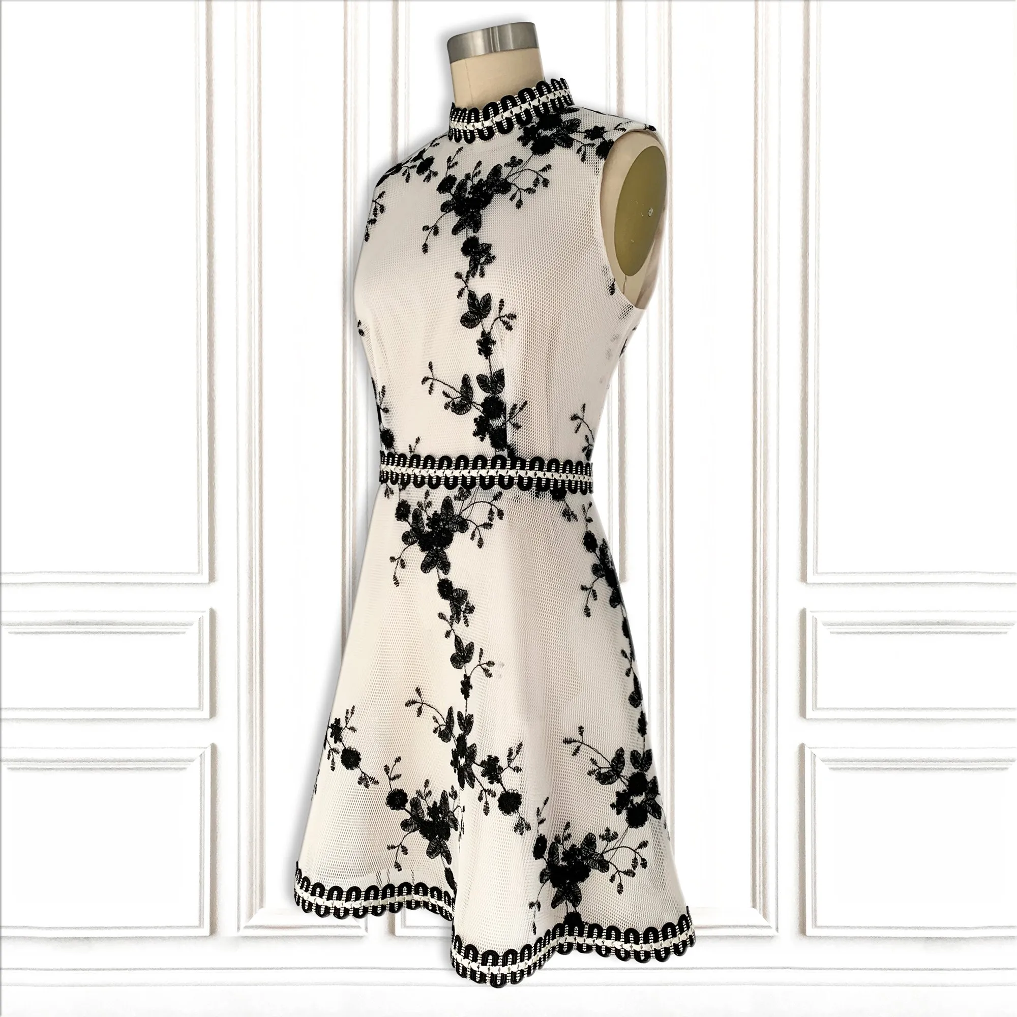 High-Tech Performance Fabric White Mini Dress with Crochet Trim - Luxury Resort Collection.