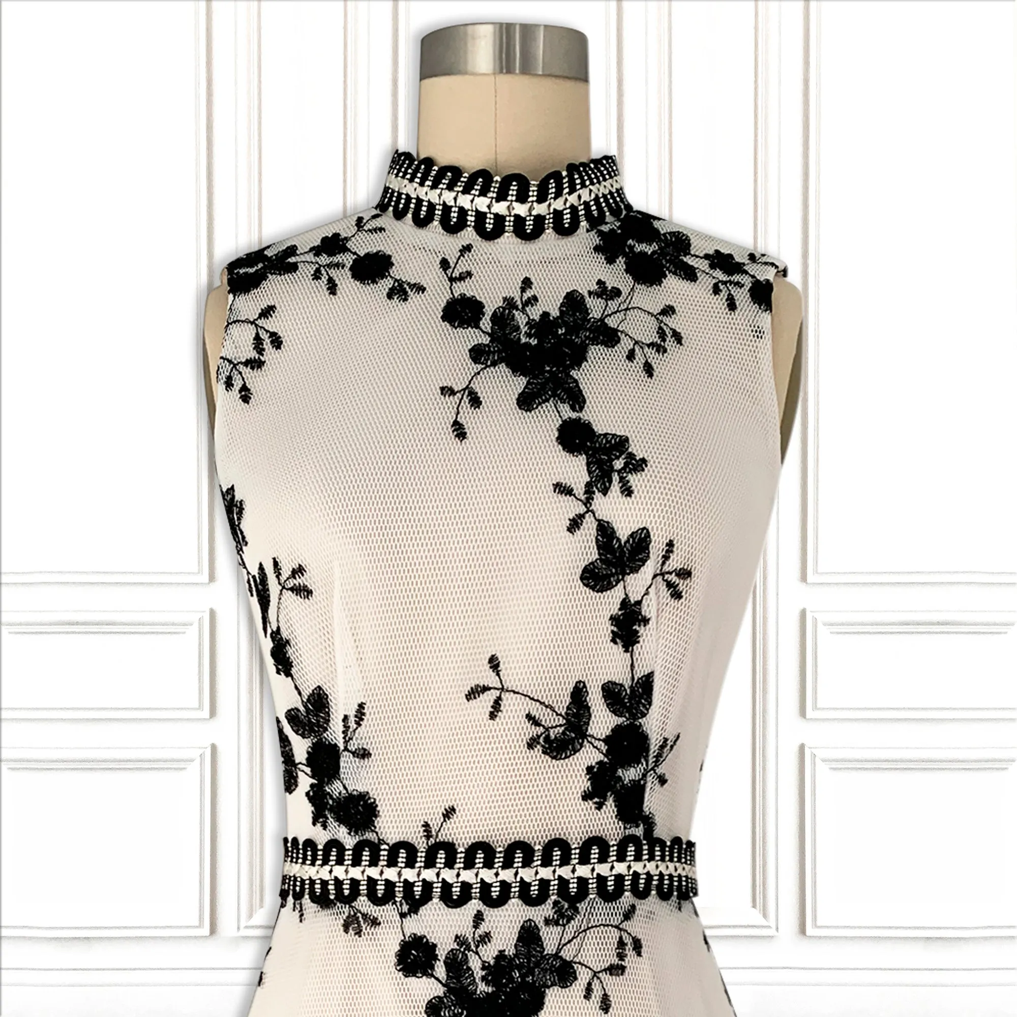 High-Tech Performance Fabric White Mini Dress with Crochet Trim - Luxury Resort Collection.