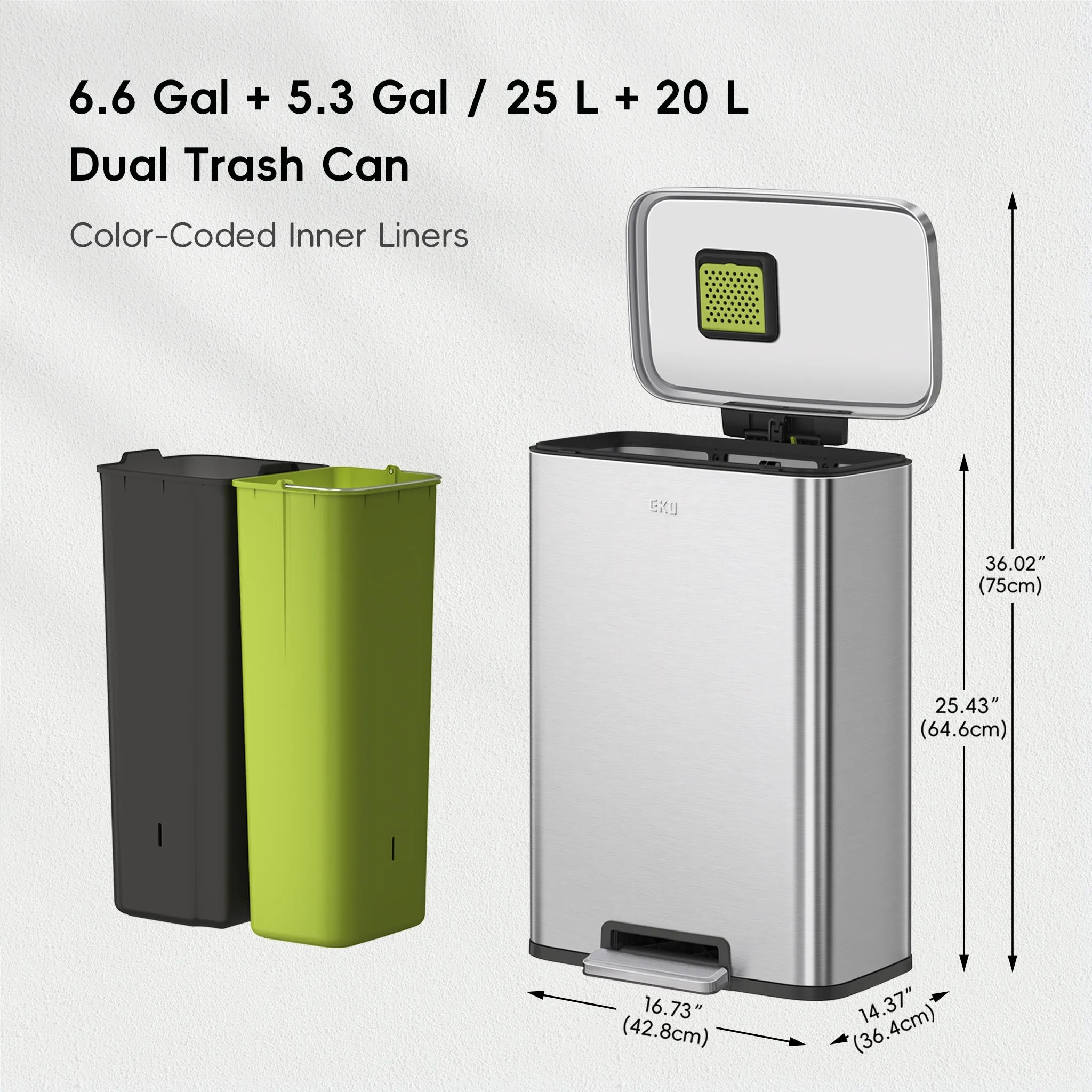 Madison 25L 20L Dual Compartment Step Trash Can - Brushed Stainless