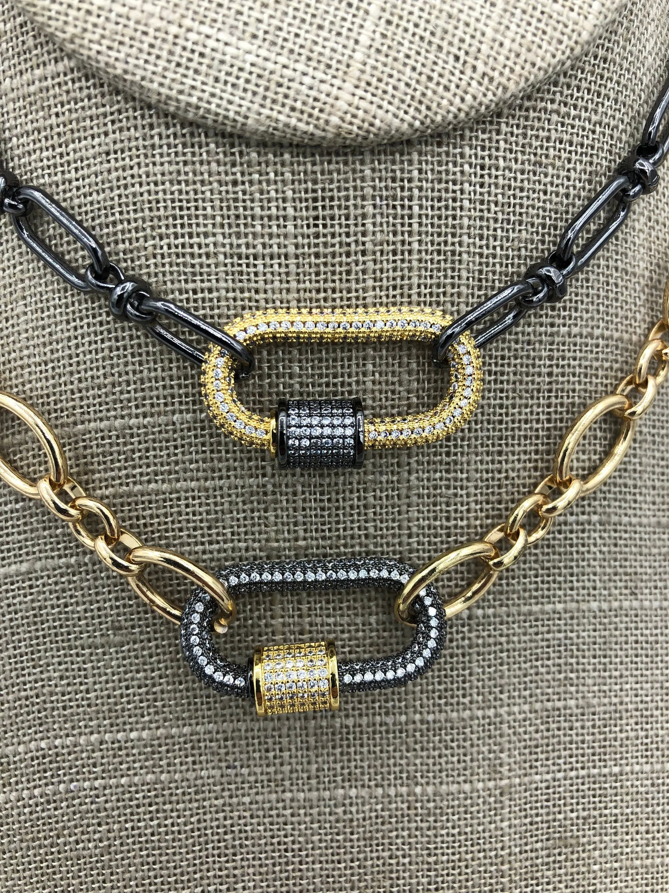 MICRO PAVE Brass Mixed Metal Oval Carabiner lock clasp.Brass Carabiner Screw Clasp, Carabiner Screw Pendant, Screw Connector Lock. FastShip
