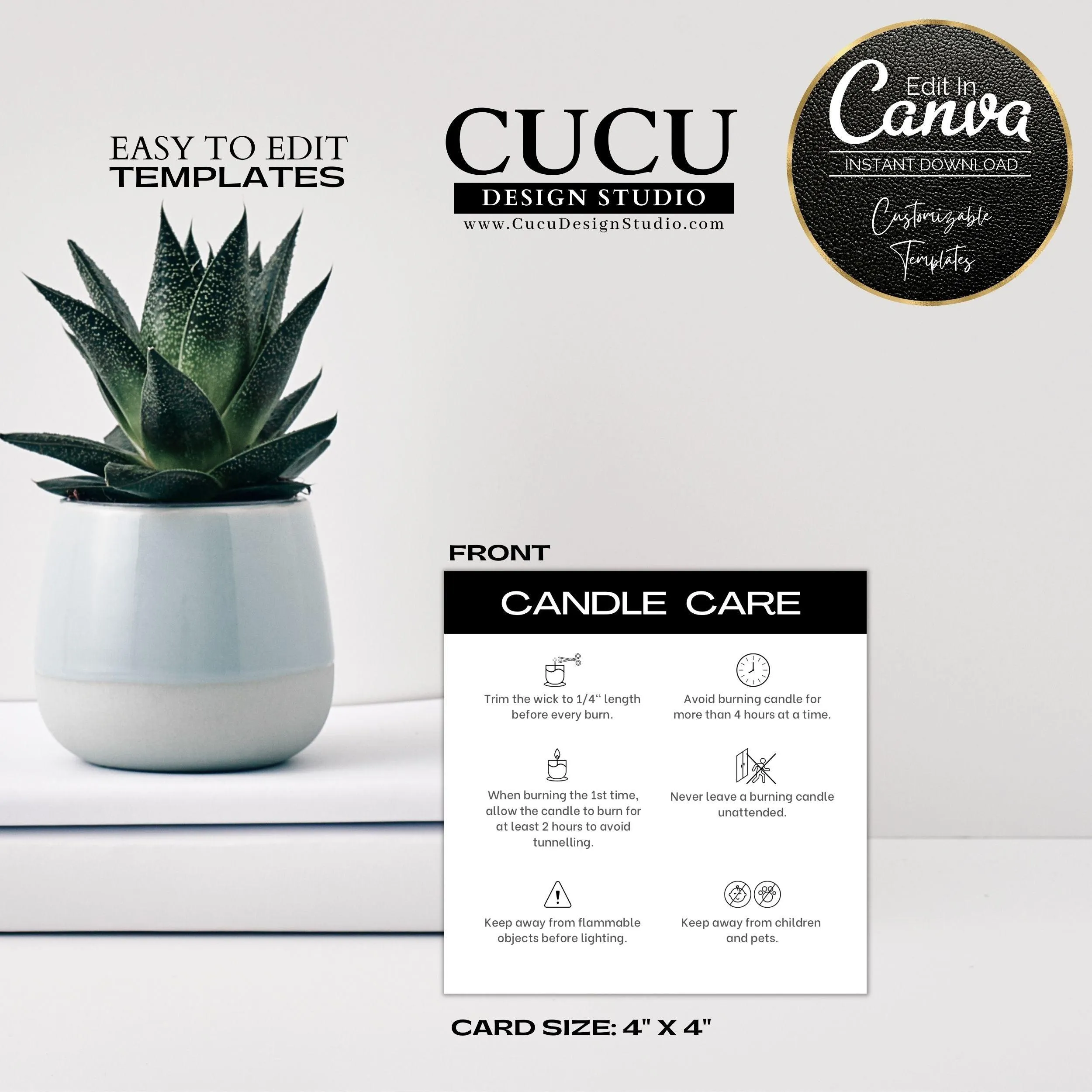 Minimalist Black White Printable Candle Care Card Template