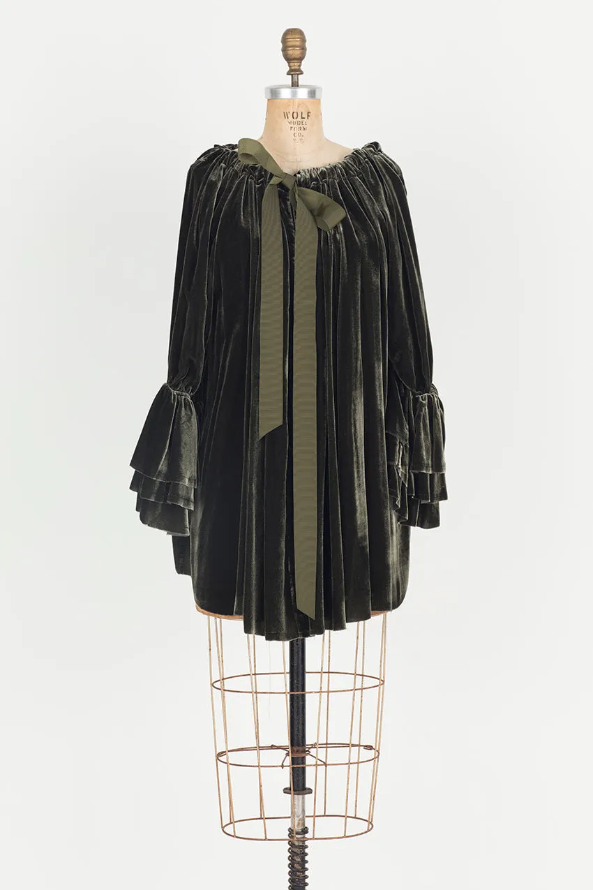 Silk velvet button back jacket / top - Khaki Green