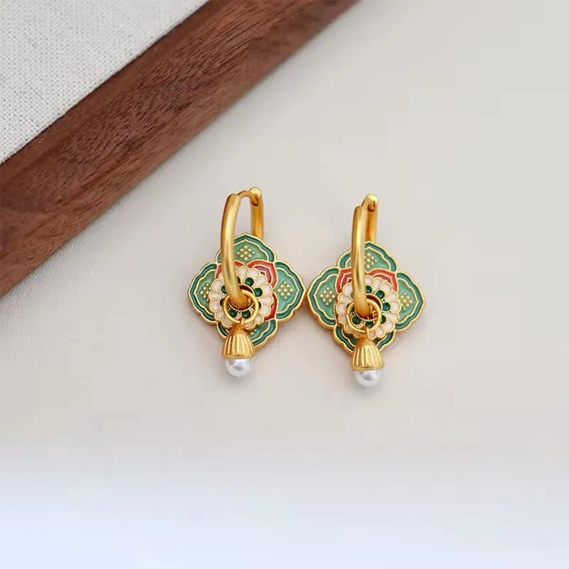 Vintage Asian Style Elegant Green Flower Earrings