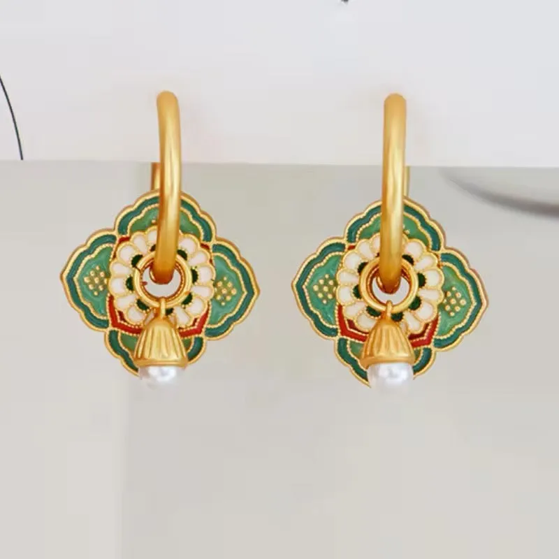 Vintage Asian Style Elegant Green Flower Earrings