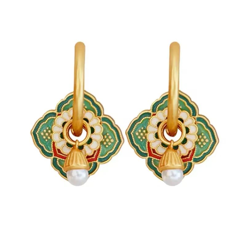 Vintage Asian Style Elegant Green Flower Earrings